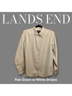 LANDS END Pale Green/White Striped Long Sleeve Classic Tailored Button Down-NWT